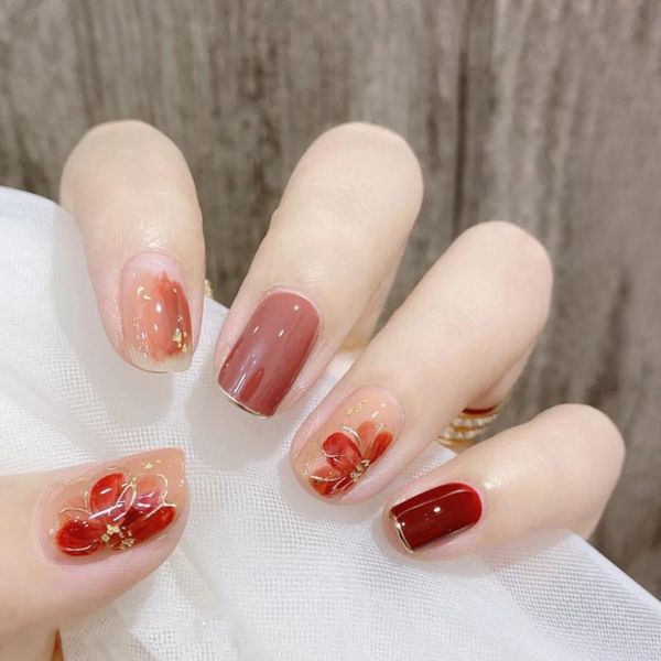 

false nails 24pcs/set fake full cover nail art tools glossy press on acrylic with glue designed accessories for women, Red;gold