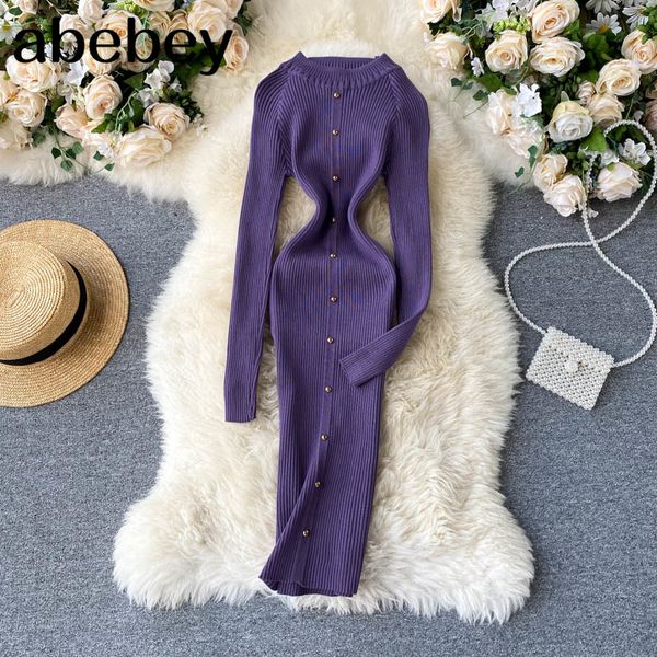 

2021 Women Knitted Dress Autumn Winter Button Long Sleeve Solid Elastic Dress Fashion Warm Slim Tricot Sweater Dress, Borwn