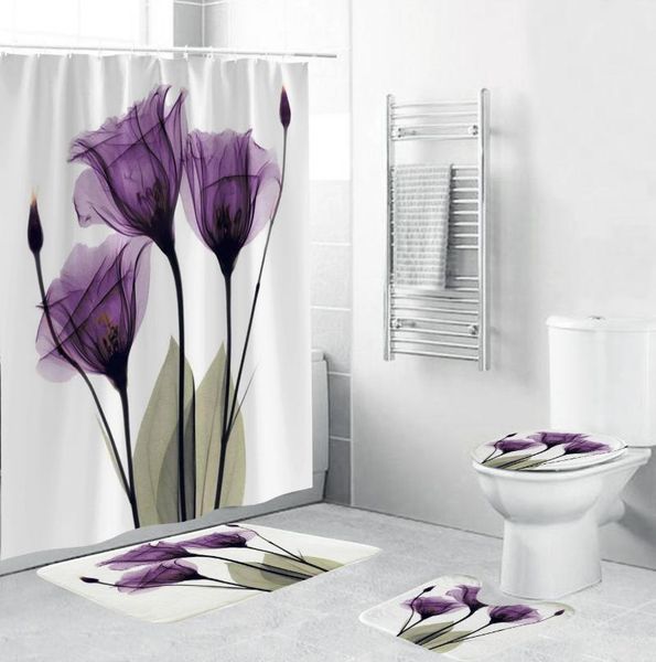 

shower curtains colorful tulip lotus flowers trees curtain sets non-slip rugs toilet lid cover and bath mat waterproof bathroom