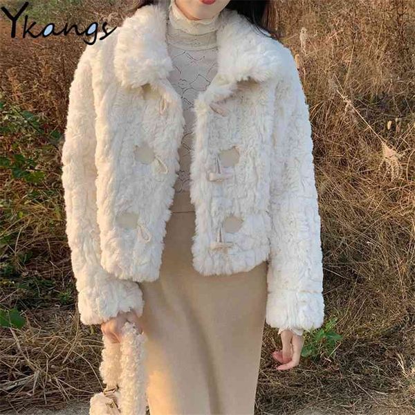 Faux Kürkler Moda Gevşek Teddy Kış Sıcak Ceket Kadın Parka Kadınlar Için Kısa Kalınlaşmak Zarif Palto Kore Tarzı Tavşan Kürklü 210421
