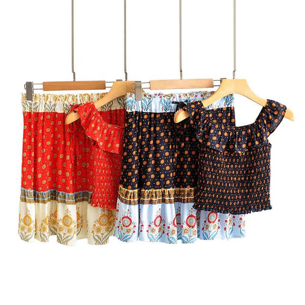 

two piece dress women summer bohemian floral print elastic waist skirts off-shoulder short crop sets beach boho holiday skirt suits 6a7l, White