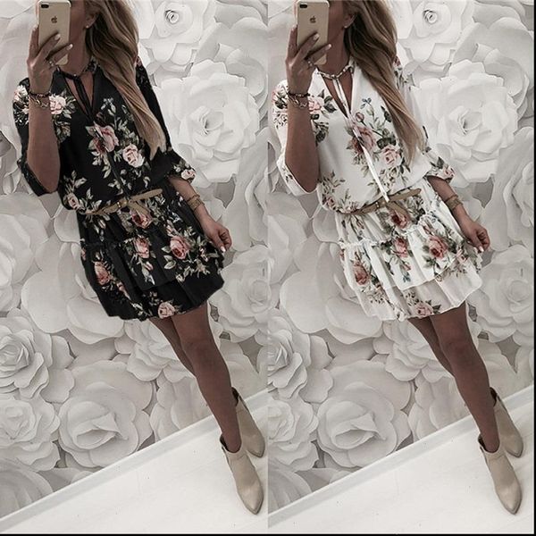 

women dress summer boho style floral print chiffon beach tunic sundress loose mini party vestidos plus size 2xl, Black;gray