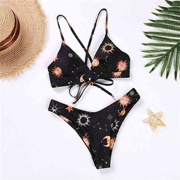 Mulheres de Swimwear Feminino Push Up Bandeau Bikini Baixo Cintura Beachwear Duas peças Separa Impresso Set Sexy Exotic Swimsuit 210624