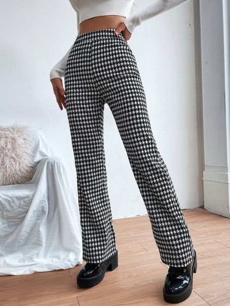 

plaid print flare leg pants 00t7#, Black;white