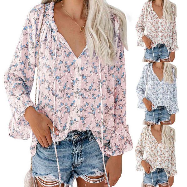 

2021 new long sve floral pullover loose casual v-neck chiffon, White