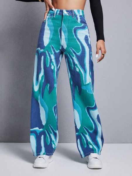 

graphic pattern wide leg jeans l56t#, Blue