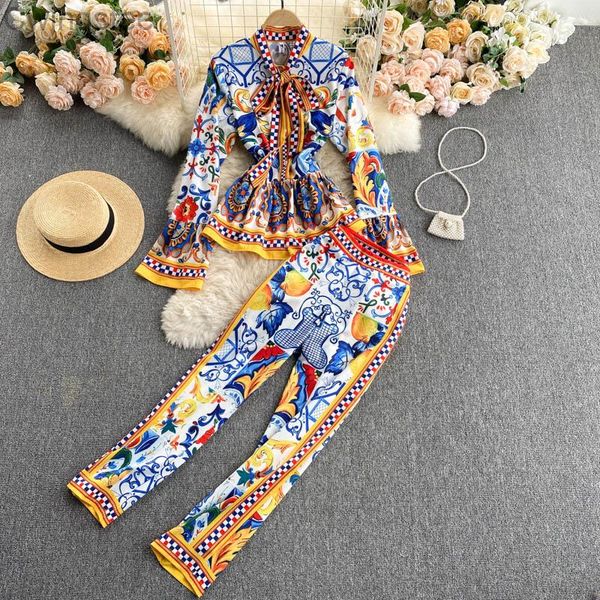 

women's two piece pants runway fashion elegant vintage print pant suit ruffle blouse shirt and long set women sets, White
