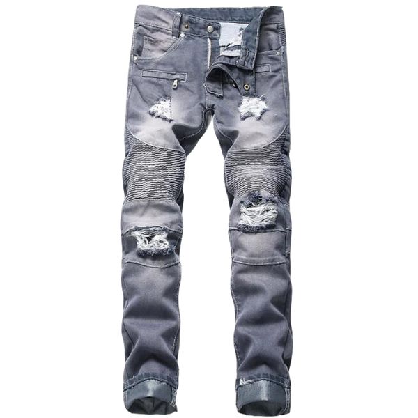 

men jeans brand hole straight moto biker denim pants for black blue kg-326