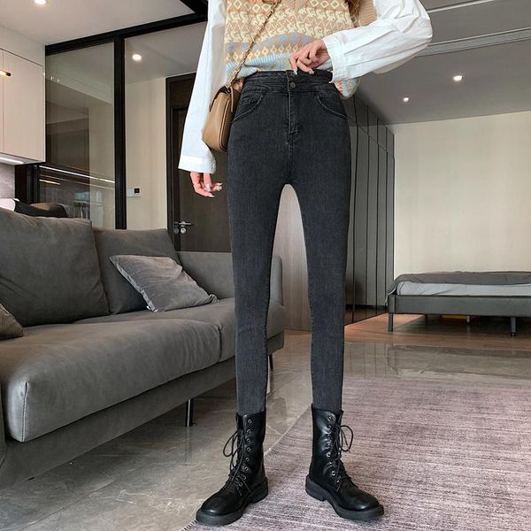 

women's jeans cmaz 2021 woman slim high waist bodycon female denim streetwear vintage fashion straight pants, Blue