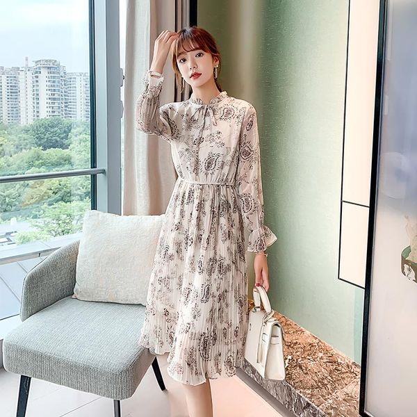 

casual dresses autumn chiffon maxi a line one piece korean ladies long sleeve cabaret party flower robe for women, Black;gray