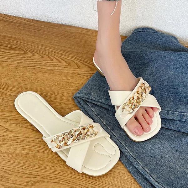 

slippers 2021 metal chain decoration women round toe cross-tied sandals female summer simple slides party dress shoes flip flops, Black