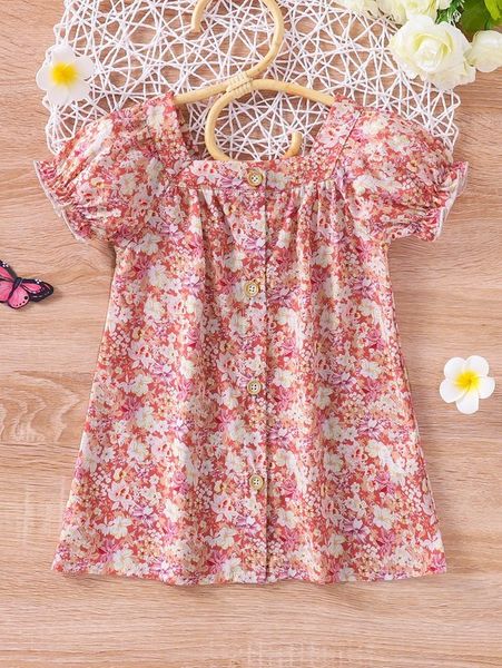 

baby floral print ruffle trim puff sleeve dress she, Red;yellow