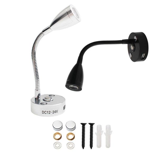 

wall lamp black silver dc12v 24v touch dimmable led with flex neck and usb output socket, 3000k 6000k reading light