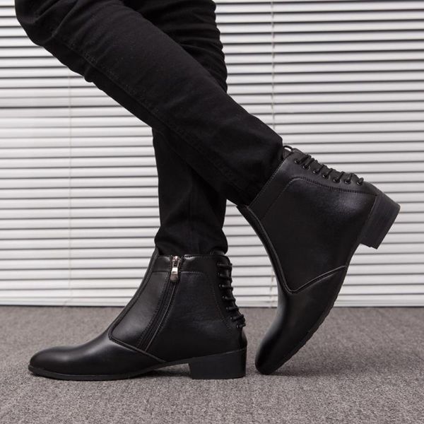 

boots large winter fashion men's pointing working cross band desert casual solid color high shoes, Black