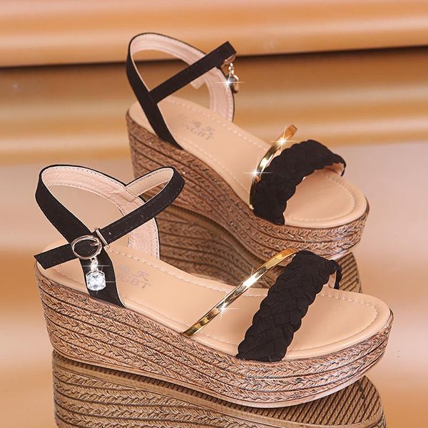 

dress shoes high heels women summer wedges bohemian sandals flat platforms diamond beach sandles open toe, Black