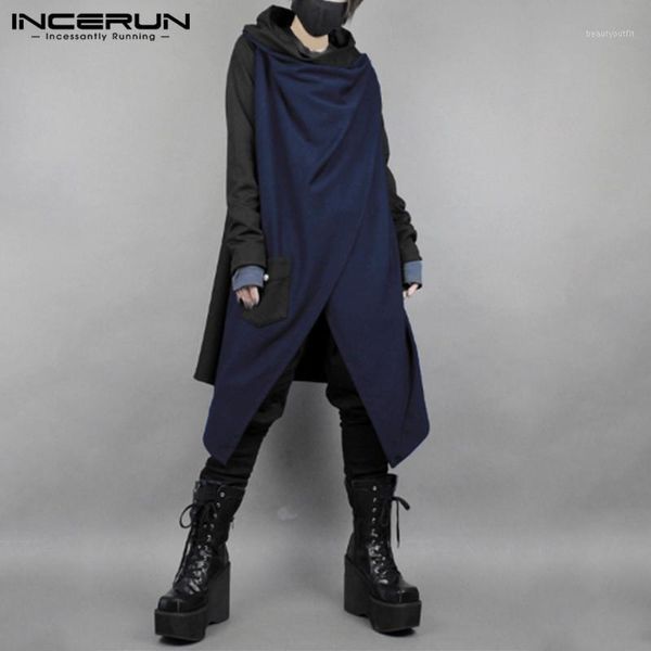 

men's trench coats 2021 mens patchwork cloak japanese style punk long outerwear incerun s-3xl fashion sleeve irregular cape, Tan;black