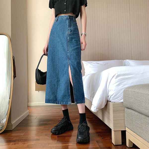

traf summer women korean long jeans midi loose skirts dark light blue split high waist denim vintage female high street 210724, Black