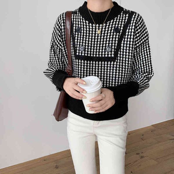 

women's t-shirt winter geometric knitted sweater casual houndstooth lady pullover female buttons retro jumper v354, White