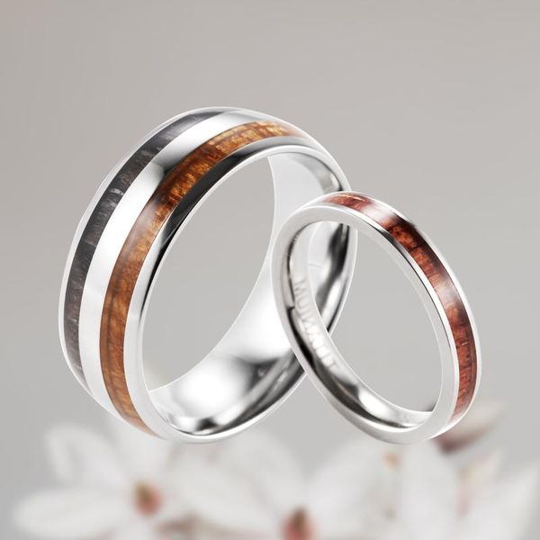 

wedding rings 3mm&8mm pure titanium and wood ring for men women lovers couples engagement set with koa inlay, Slivery;golden