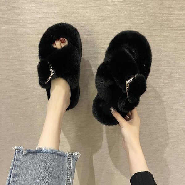 

slippers 2021 winter rainbow multicolored sandals cross luxury designer woman's thick fur slides platform plush massage, Black