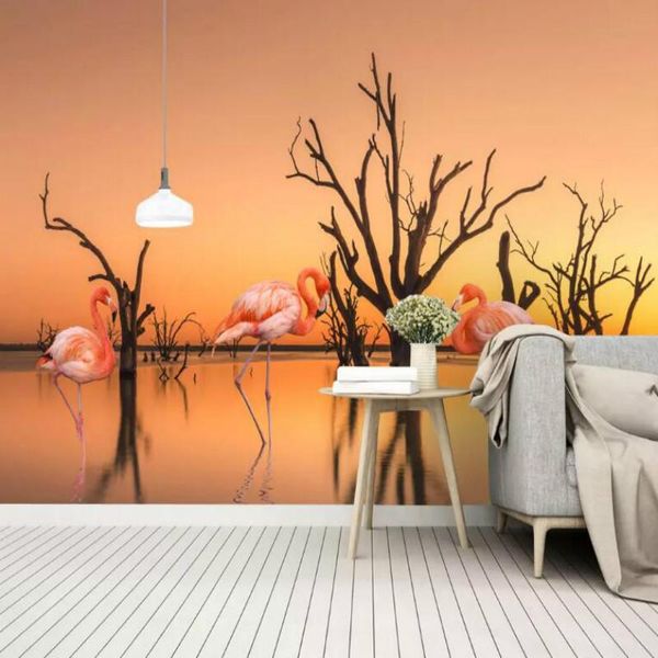 

wallpapers sunset lake dead tree flamingo background wallpaper for walls bar ktv modern painting mural silk paper