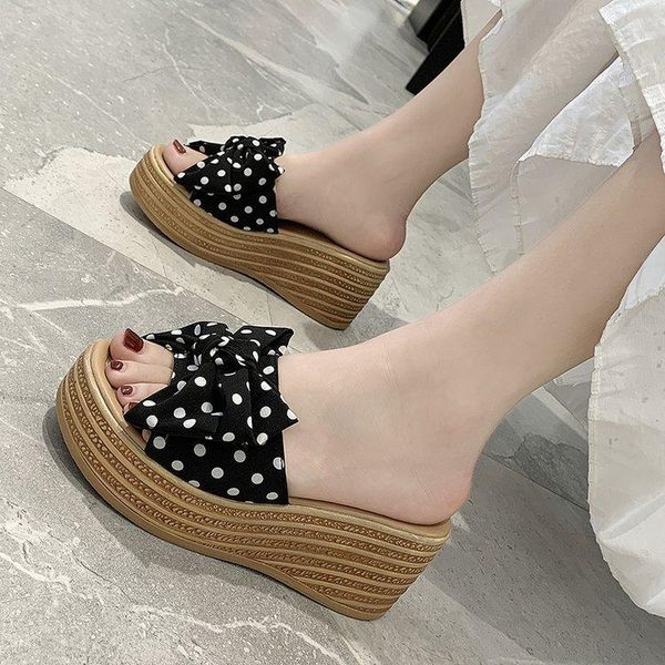 

butterfly-knot slippers women summer platform shoes slides shale female beach med on a wedge pantofle sabot 2021, Black
