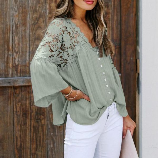 

women's blouses & shirts women lace stiching solid color hollow out shirt flare sleeve casual elegant v neck see through back blus, White