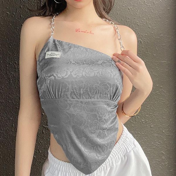 

women's tanks & camis women chain halter crop sleeveless floral print zip back asymmetrical camisole, White