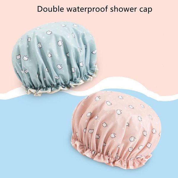

shower caps bath hat waterproof hair cover thick double layer bathroom women supplies elastic cap cat flower