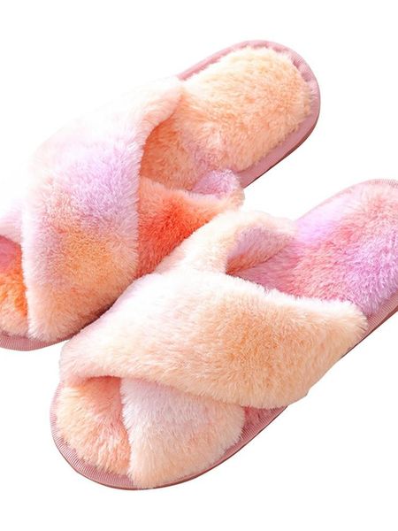 

slippers winter fur female home bottom warm sandals slides fashion cotton, Black