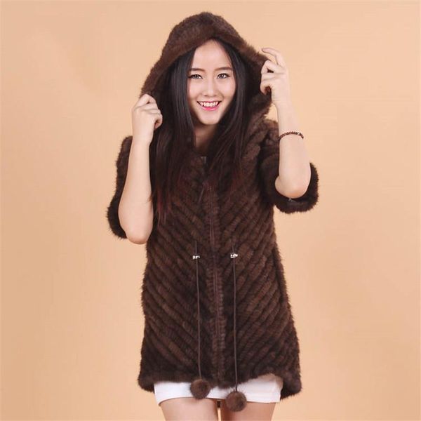 

women's fur & faux hooded real mink jackets women adjustable sashes half sleeve knit natural coats outerwear 2021 autumn winter, Black