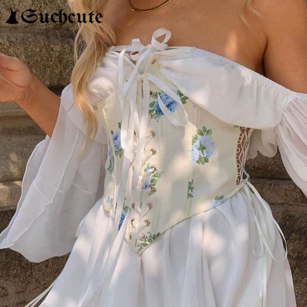 

women's tanks & camis elegant floral print lace up corset for women hollow out bandage cummerbunds belt y2k aesthetic bus, White