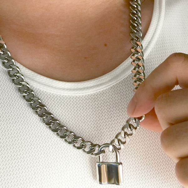 18-30 polegadas 10mm bloqueio de prata colar cadeado pingente parceiro criminal aço inoxidável link cadeia de link amizade adequado para senhoras mens