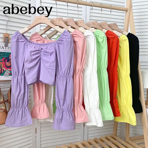 

women's blouses & shirts fashion square collar flare sleeve shirt high waist pleated solid color multicolor short 2021 spring autumn, White