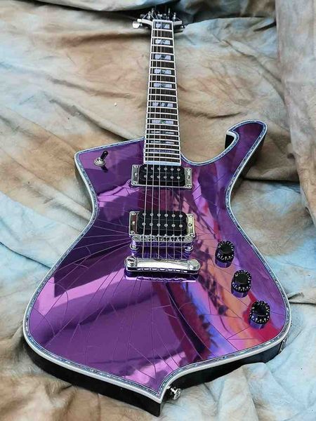 Espelho rachado roxo personalizado Iceman Stanley Guitarra Elétrica Abalone Creme Body Bonding Guitar