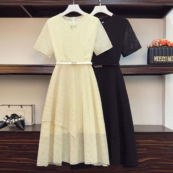 

plus size dresses women summer elegant chiffon female fashion short sleeve midi dress office lady casual vestidos with sashes, Black