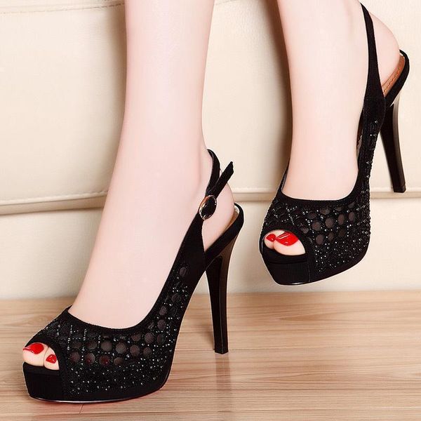 

sandals high heeled shoes women's thin heel waterproof platform 2021 autumn diamond fish mouth korean, Black