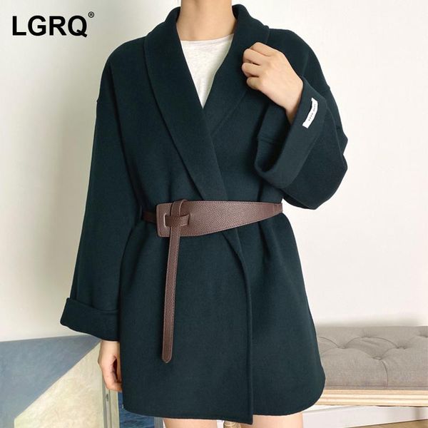 

women's wool & blends [lgrq] loose coffee sashes texture fit woolen coat parkas arrival long sleeve women fashion tide autumn winter 20, Black