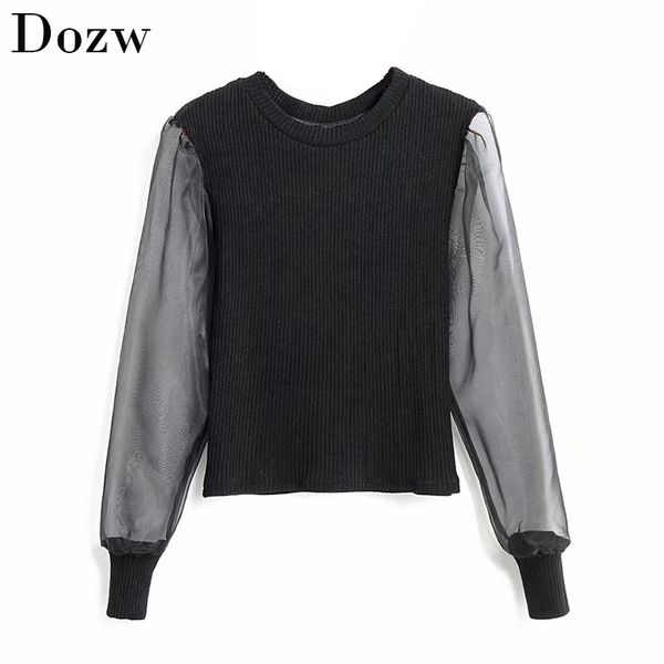 

fashion solid black patchwork mesh blouse autumn elegant o neck slim knitted spliced see-through puff sleeve shirt blusas 210414, White