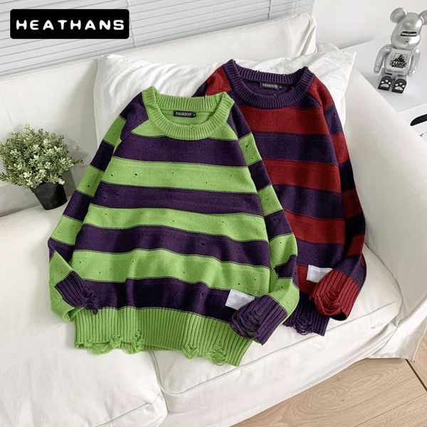 

men's sweaters o-neck men sweater retro hole stripe pullover autumn winter casual pullovers women couple handsome warm top, White;black