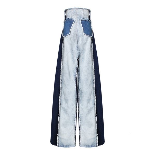 

women's jeans [eam] spring summer high waist loose hit color denim pocket blue long wide leg women trousers fashion tide jr841 tkv6