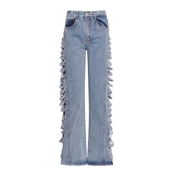 

women's jeans 2021 leisure fashion temperament joint side hole high waist trousers women pants ripped, Blue