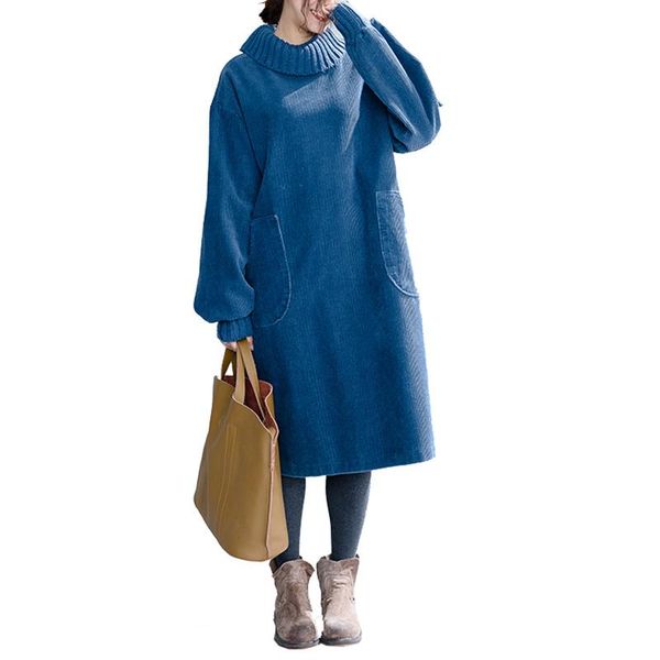 

casual dresses plus size women's corduroy dress medium-length autumn winter retro turtleneck knitted loose bottoming women, Black;gray