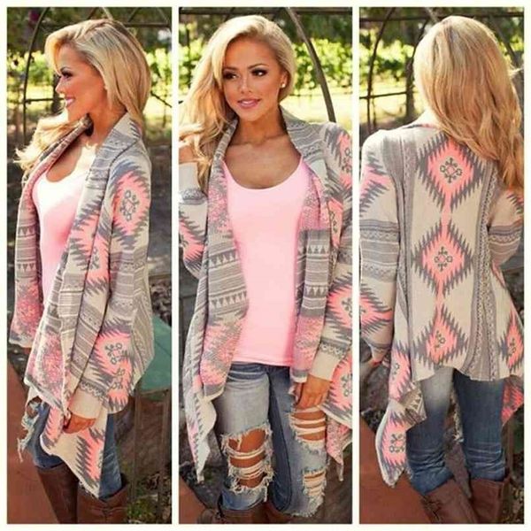 

women fashion aztec printed long sleeved casual all-match cardigans 210812, White