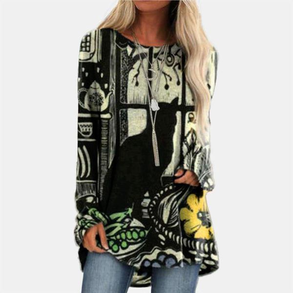 

women's t-shirt vintage cat print t shirt for women o-neck patchwork long sleeve loose camisa femenina graphic tee tshirt, White