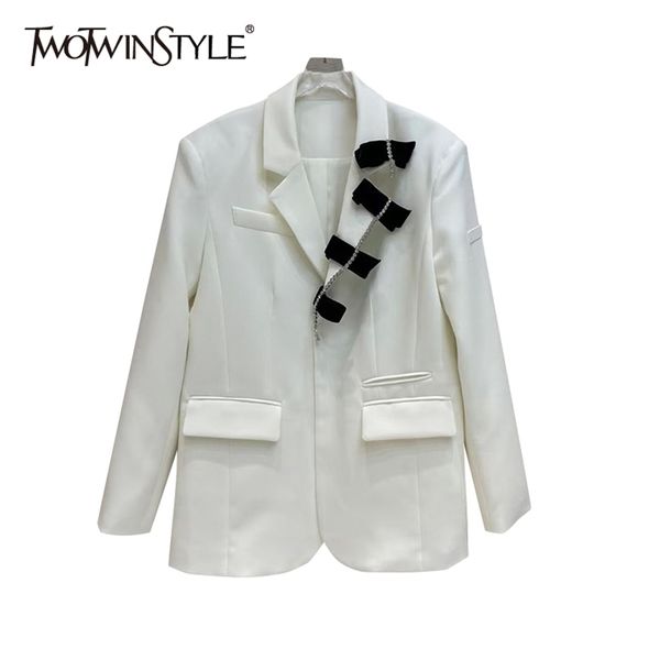

casual patchwork bowknot blazer for women notched long sleeve hit color blazers female fashion clothing 210524, White;black