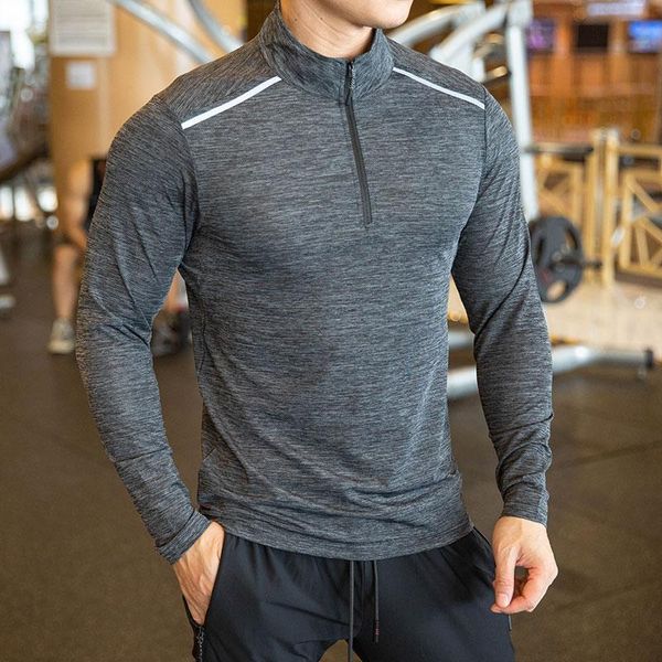 

running jerseys quick dry breathable shirt men bodybuilding sport t-shirt long sleeve gym fitness zipper stand collar autumn winter, Black;blue