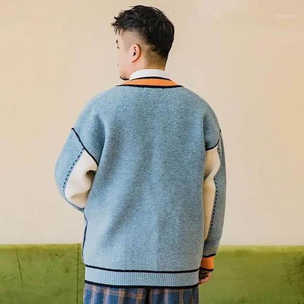 

men's sweaters 2021 spring and autumn knitted cardigan sweater contrast color youth korean fashion handsome long sleeved coat, White;black