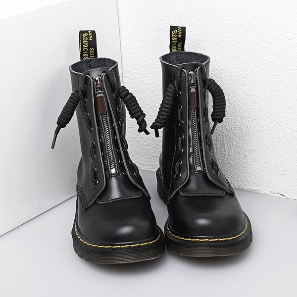

boots flat heel british women leather medium tube lovers short, Black