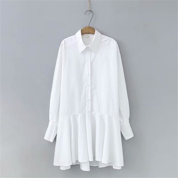 

women fashion solid black white color casual trumpet dress lady irregular hem ruffles vestidos chic business shirtdresses ds3531 210409, Black;gray